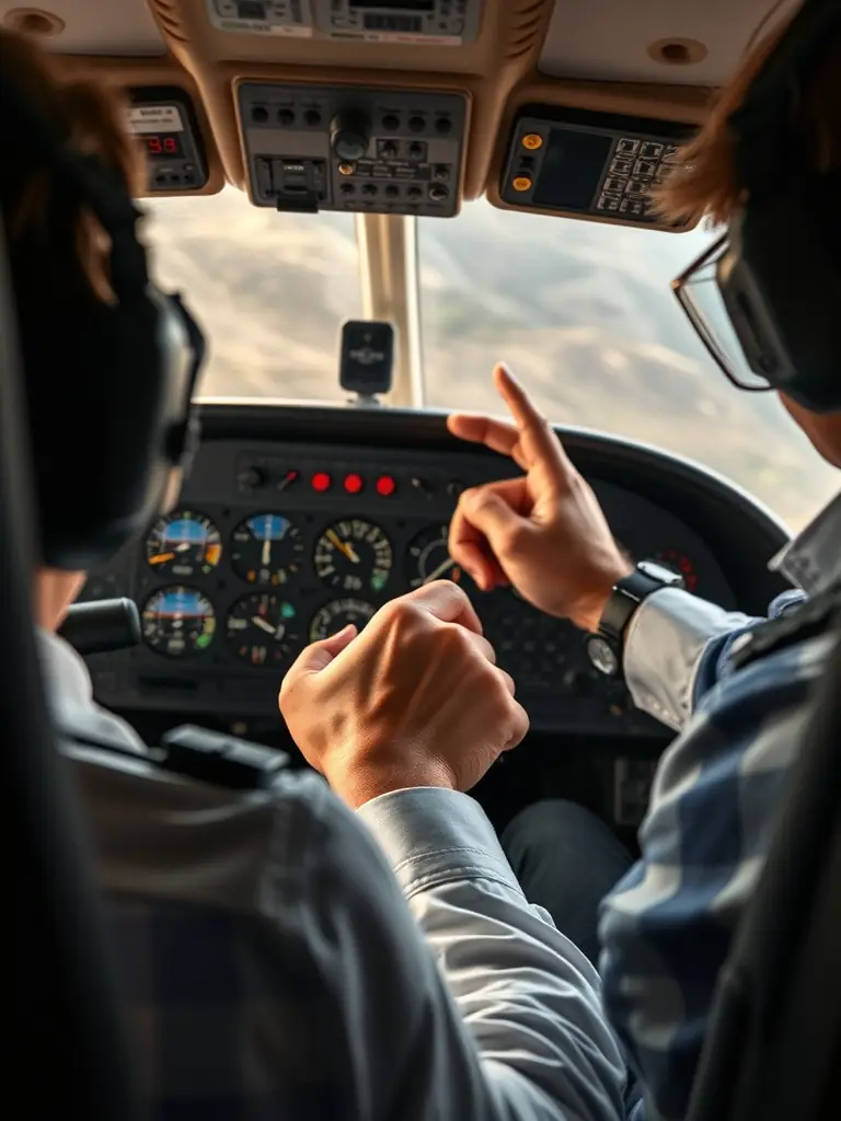 A high-resolution image depicting a student pilot in the cockpit of a small aircraft, receiving instruction from a certified flight instructor. The focus is on the hands-on learning experience during a pilot training program at AERO CLUB EGLETONNAIS.