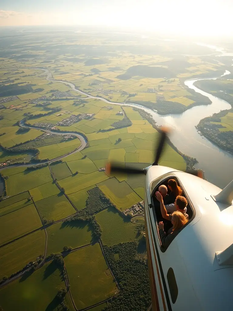 An image showcasing a group of participants during a discovery flight, with a scenic view of the Egletons region visible from the aircraft window. The photo captures the excitement and wonder of experiencing flight for the first time with AERO CLUB EGLETONNAIS.