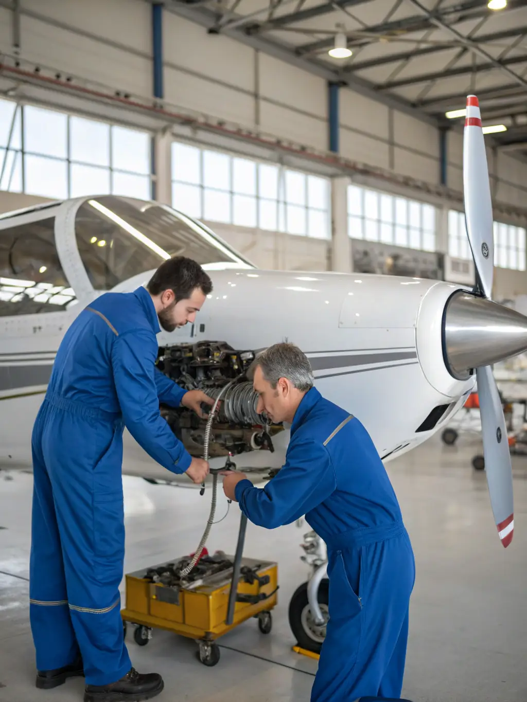 A detailed shot of an aircraft engine being inspected by a technician during a technical instruction session. The image highlights the hands-on learning and practical skills development offered by AERO CLUB EGLETONNAIS in aircraft maintenance and systems.